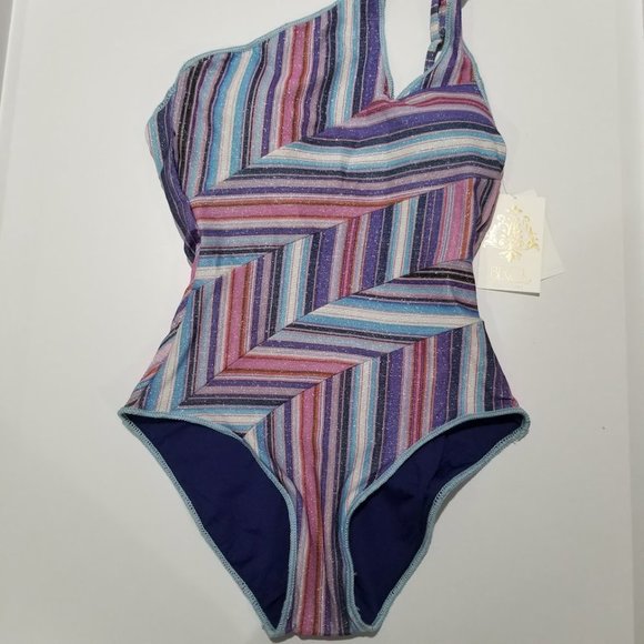 Becca South Coast Printed Metallic Asymmetrical One-Piece Swimsuit Size Small - Picture 5 of 11